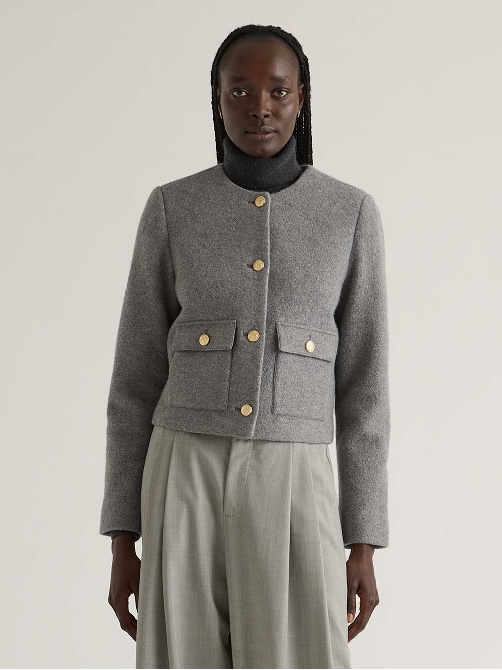 Quince 100% Merino Wool Collarless Cropped Jacket Gray M